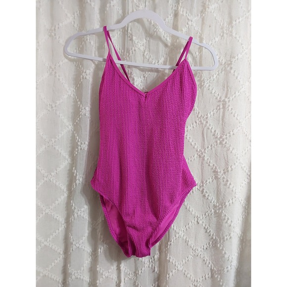 No Boundaries Other - No Boundaries Womens Hot Pink Smocked Crinkle One Piece Swimsuit Size L 11-13
